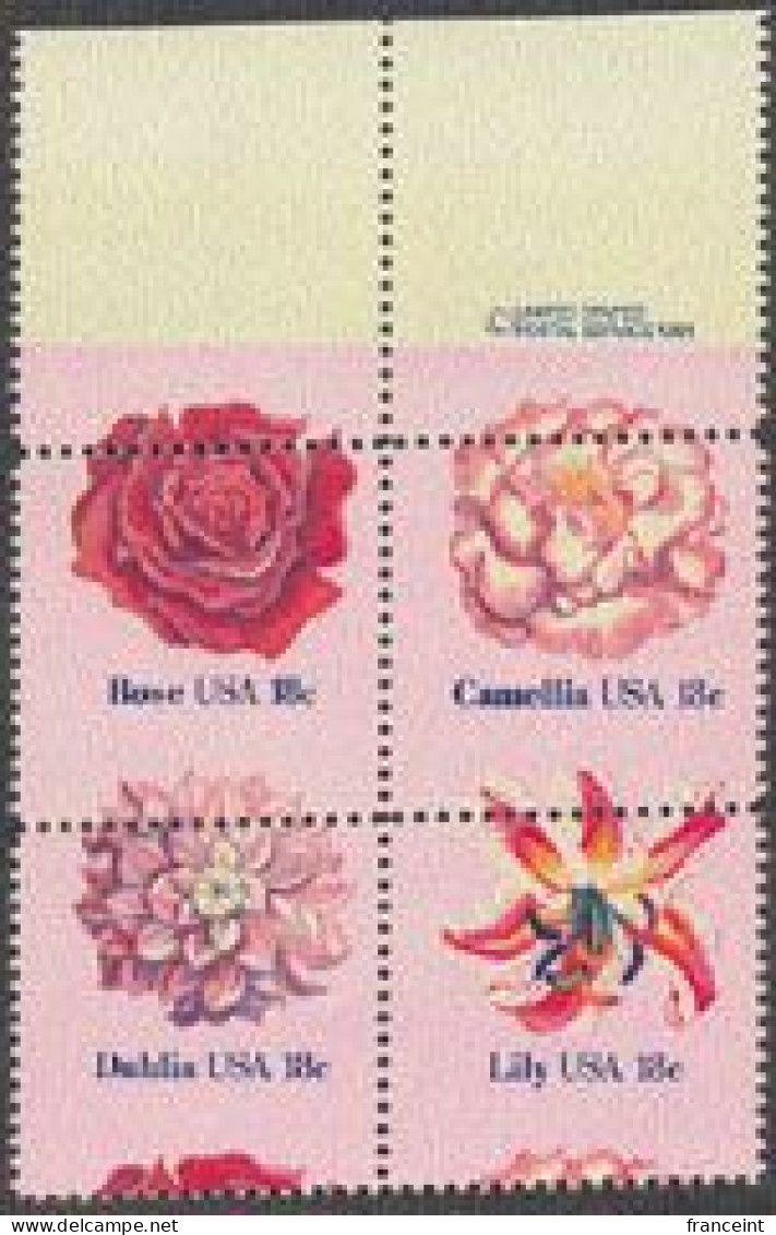 U.S.A.(1981) Rose. Camellia. Dahlia. Lily. Perforation Shift Resulting In Top 9mm Of Stamp In Selvage! Scott No 1879a, Y - Abarten & Kuriositäten
