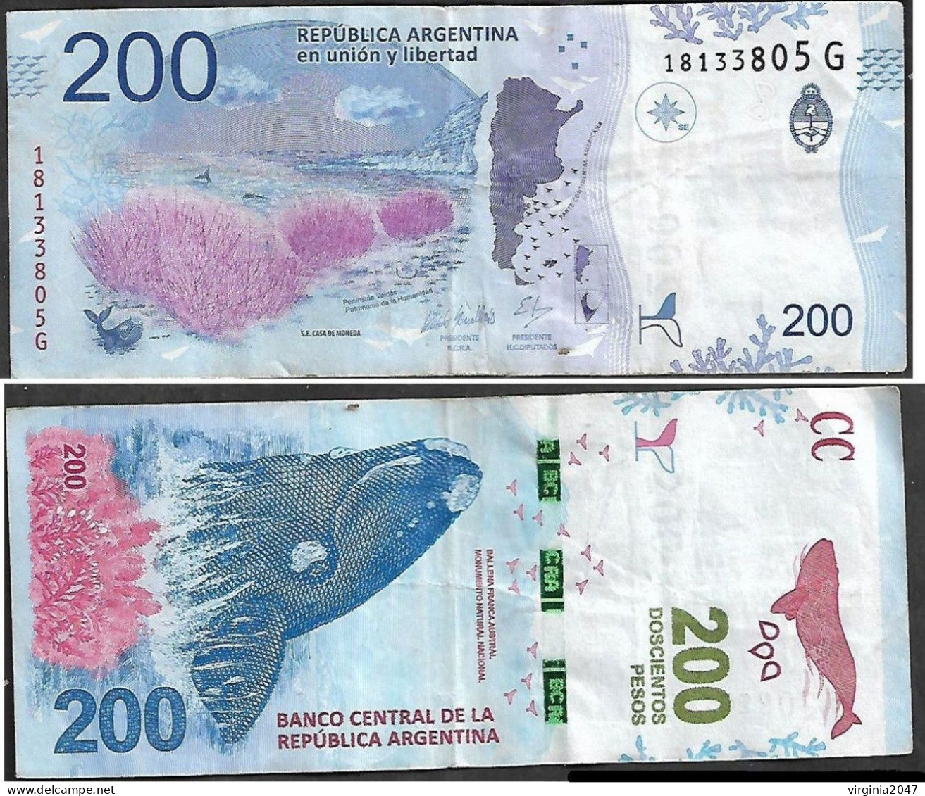 Argentina Billete De $200 Fauna Ballena Austral 1v, - Argentine