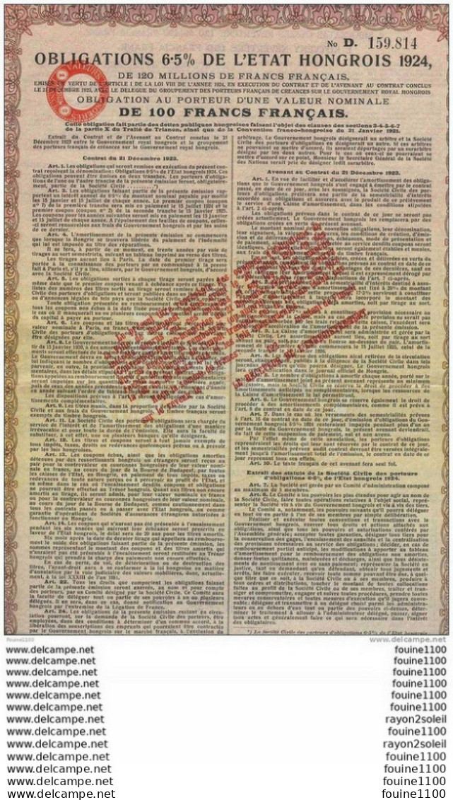 Action Obligation Au Porteur  De L' état Hongrois 1924 ( Hongrie ) ( Voir Les 3 Scanns Recto Verso ) - Rusland