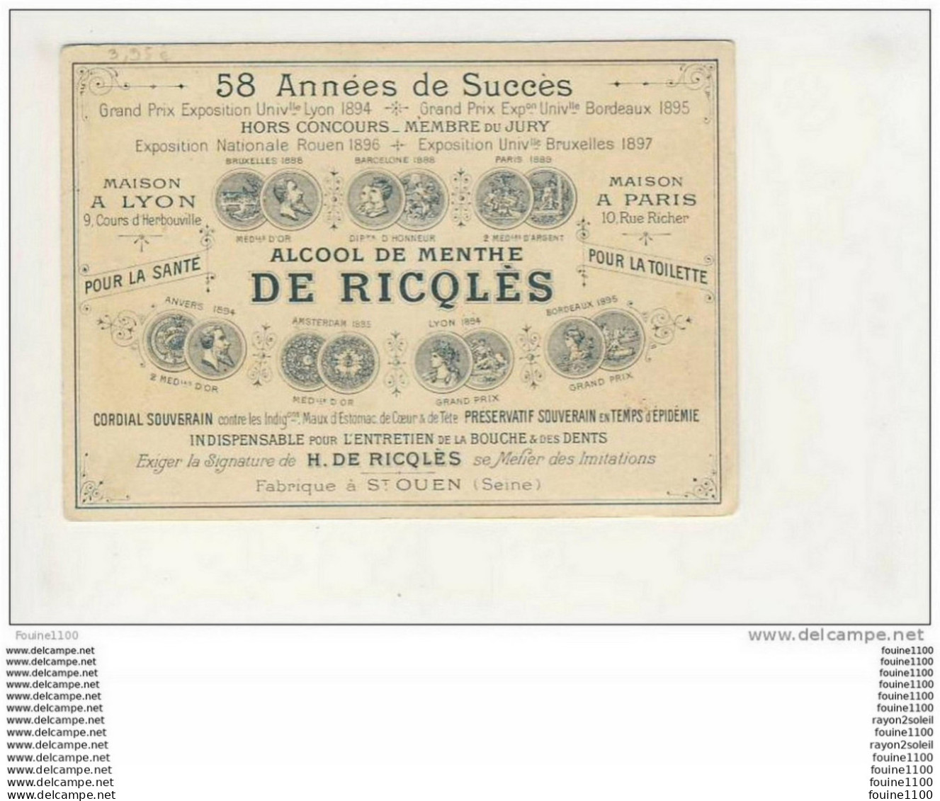 SUPERBE  Carte Chromo De L' Alcool De Menthe Ricqlès ( RECTO VERSO ) 58 Années De Succès ( A VOIR ABSOLUMENT ) - Alcools