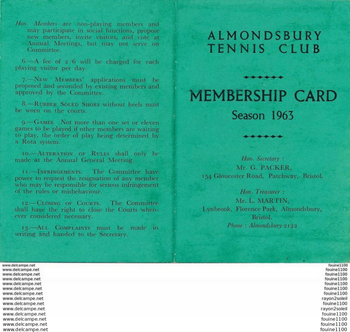 Carte Du Tennis Club ALMONDSBURY Menbership Card 1963 Lynbrook Florence Park BRISTOL  ( Format 7,5 X 11,5 Cm  ) - Royaume-Uni