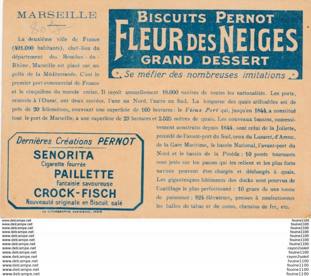 Chromo Biscuits PERNOT  Les Grands Ports Du Monde Marseille Fleur Des Neiges ( Recto Verso ) - Pernot