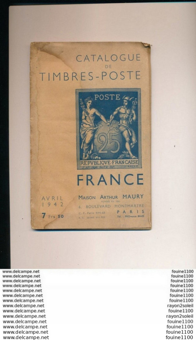 Catalogue De Timbres Poste - France - Avril 1942 - Maison Arthur Maury - Frankreich