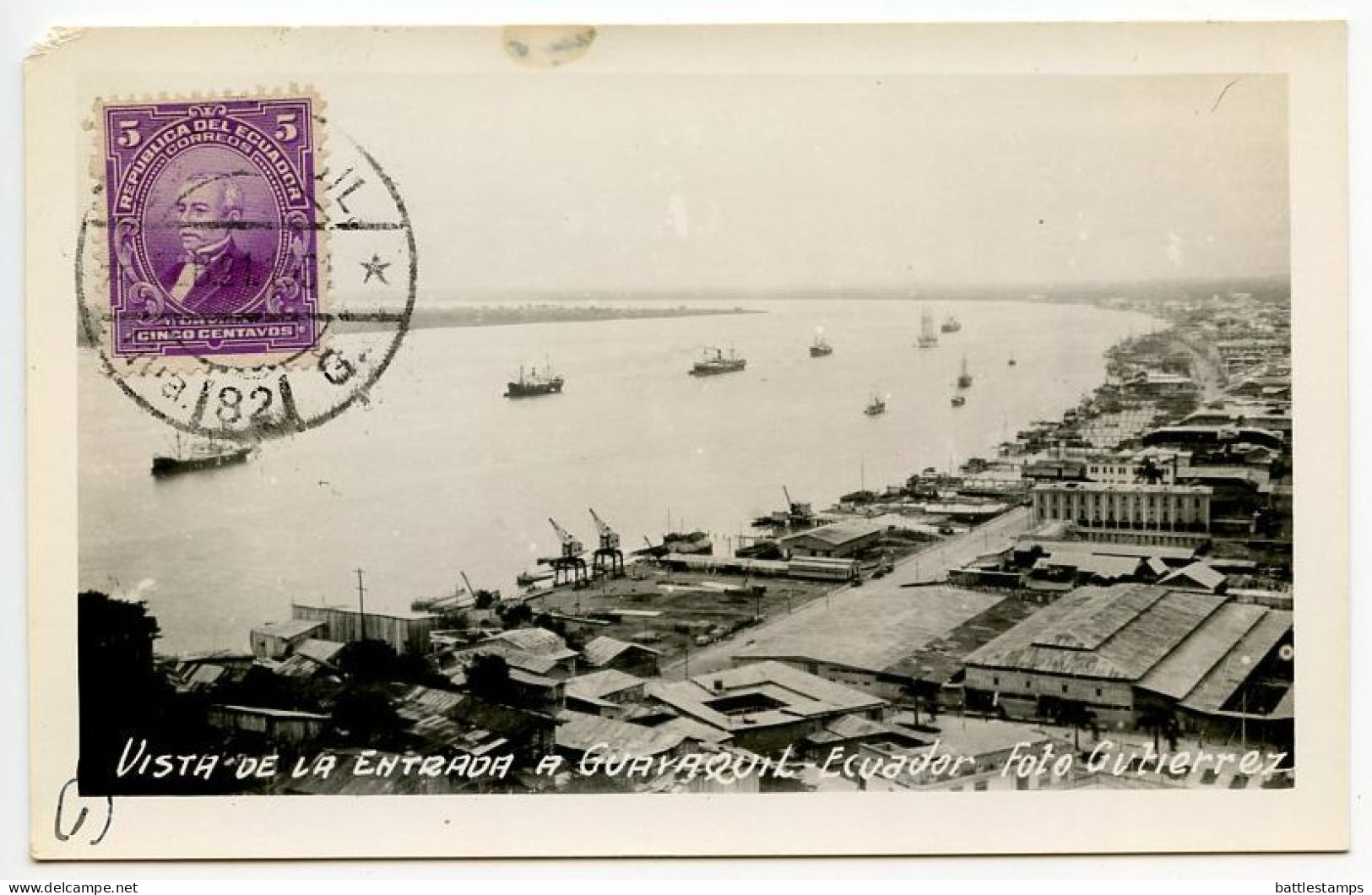 Ecuador 1931 RPPC Postcard Guayaquil - Port Entrance; Scott 207 - 5c. Urvina - Equateur