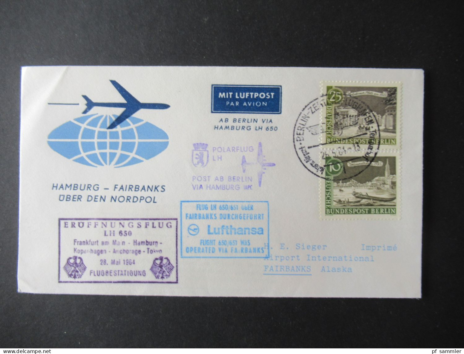 1964 Flugwesen / Erstflug /Luftpost Lufthansa Sieger Belege / Fairbanks over the Northpole und Berlin - Fairbanks Alaska