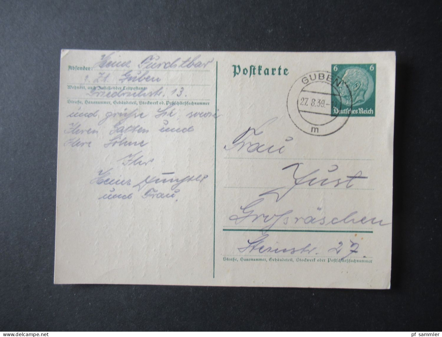 3.Reich 27.8.1939 GA Sauberer Stempel Guben - Großräschen / Inhalt: Längere Zeit Nicht Dort Sein / Kriegsvorbereitungen? - Cartoline