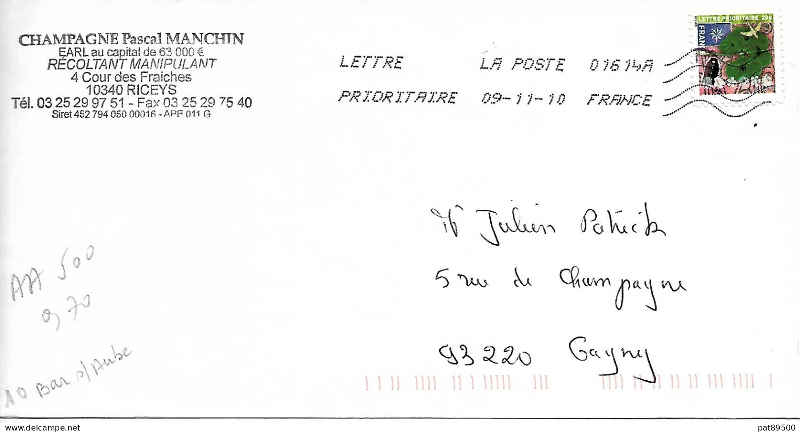 FRANCE AA 500 - 2010 - Voeux- TREFLE -enveloppe Entière OBL.Novembre  2010 ++ Champagne MANCHIN - Lettres & Documents