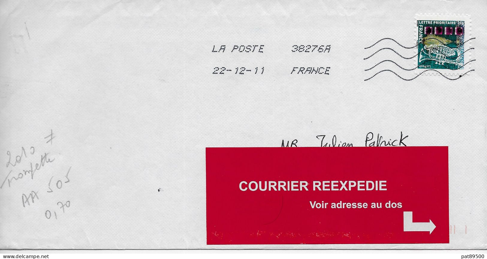 France 2010 AA 505 THEME MUSIQUE :TROMPETTE - Voeux  /  Obl. 12/2011 Sur Enveloppe Entière +étiquette REEXPEDITION - Briefe U. Dokumente