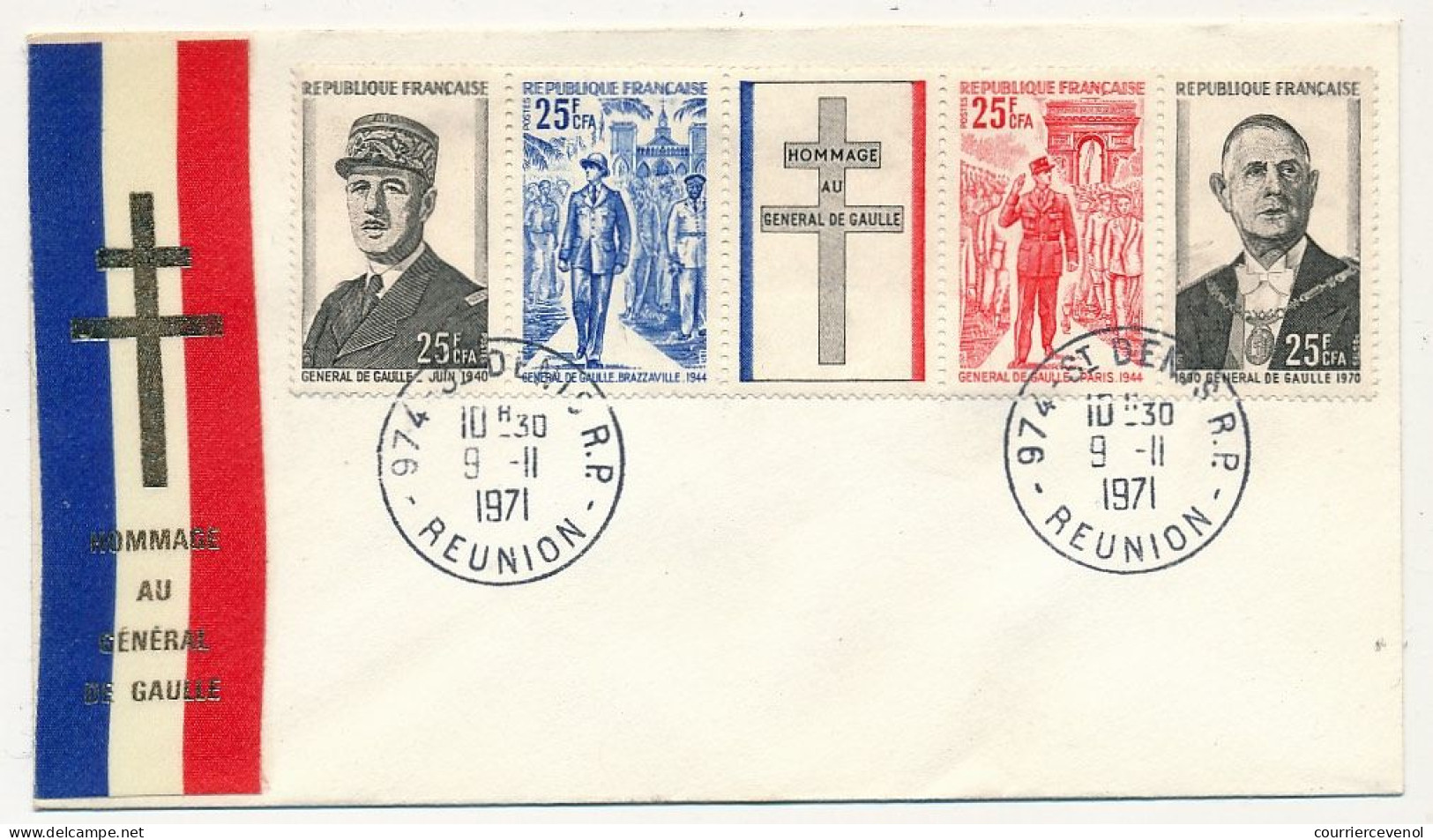 REUNION - Enveloppe FDC Bande De Gaulle, Premier Jour 9/11/1971 - St Denis R.P. Réunion - Brieven En Documenten