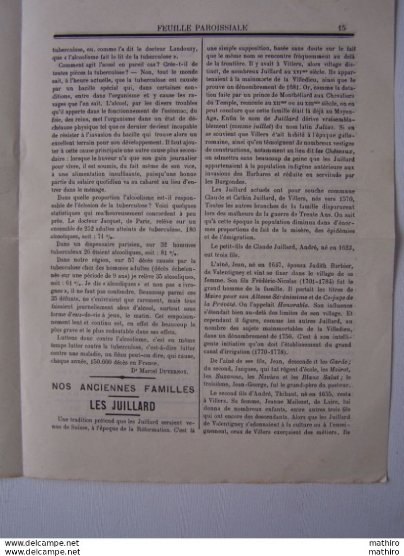 La Paroisse de Valentigney au temps des Princes( 1540-1793), par L.Ahnne, 1908,Feuille paroissiale,1908