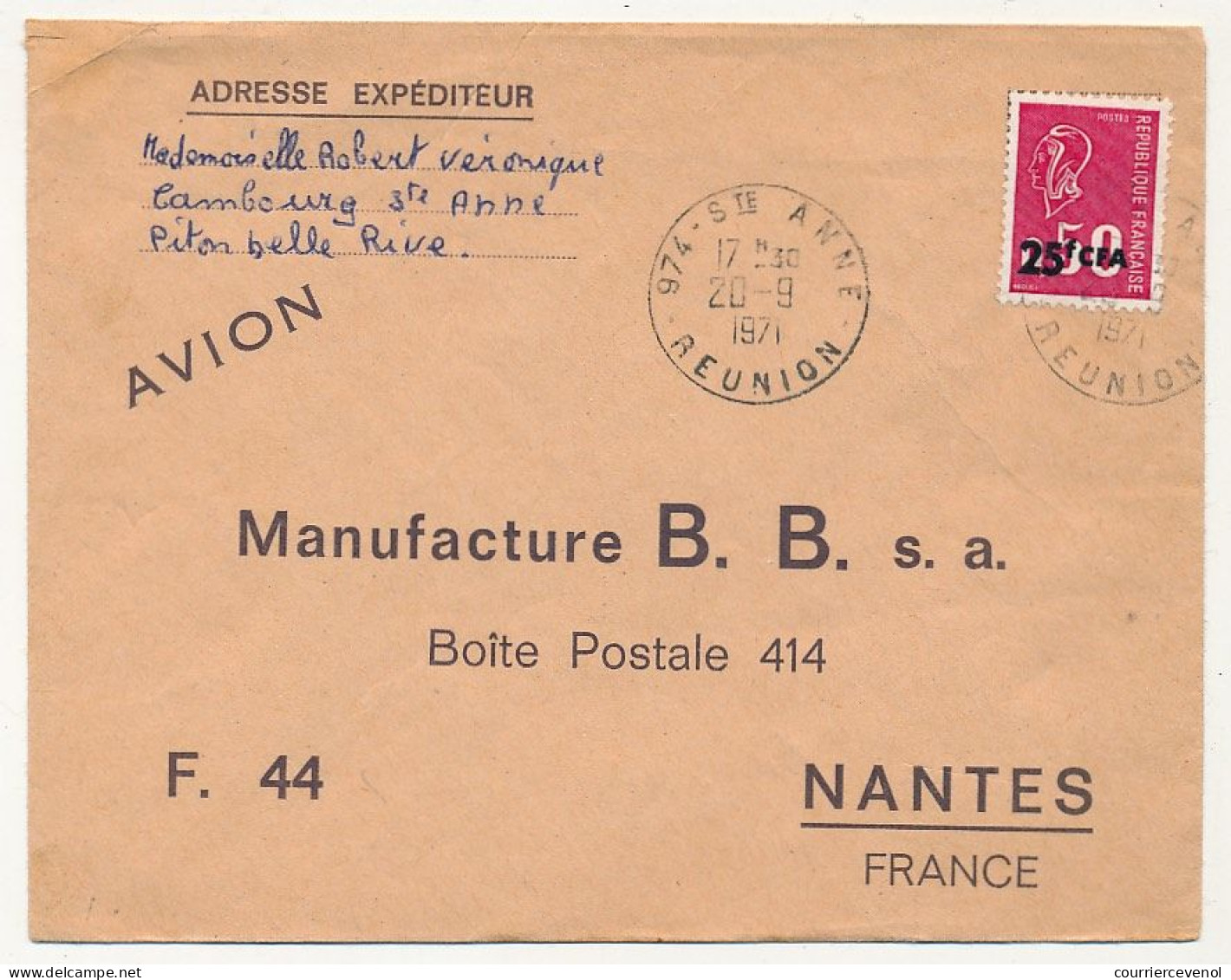 REUNION - Enveloppe Affr 25F CFA Bequet - Cad 974 Ste Anne Réunion - 20/9/1971 - Cartas & Documentos