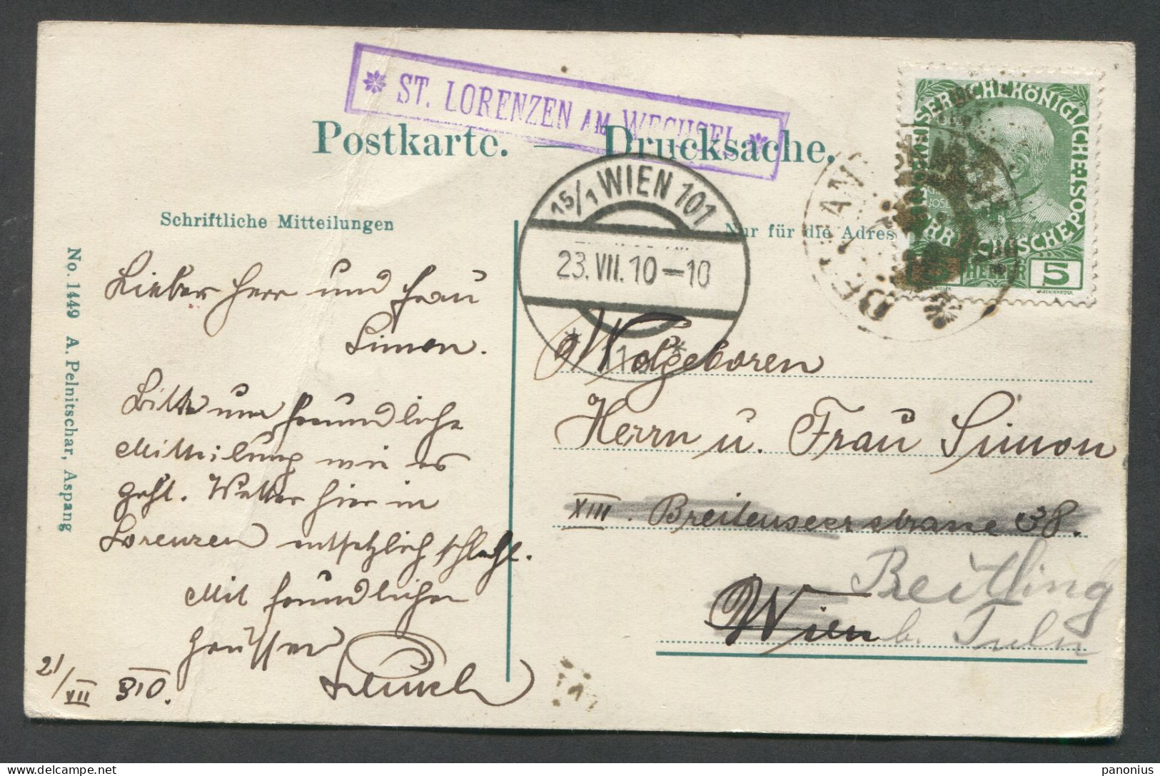 ST. LORENZEN A. WECHSEL AUSTRIA, Year 1910 - Wechsel