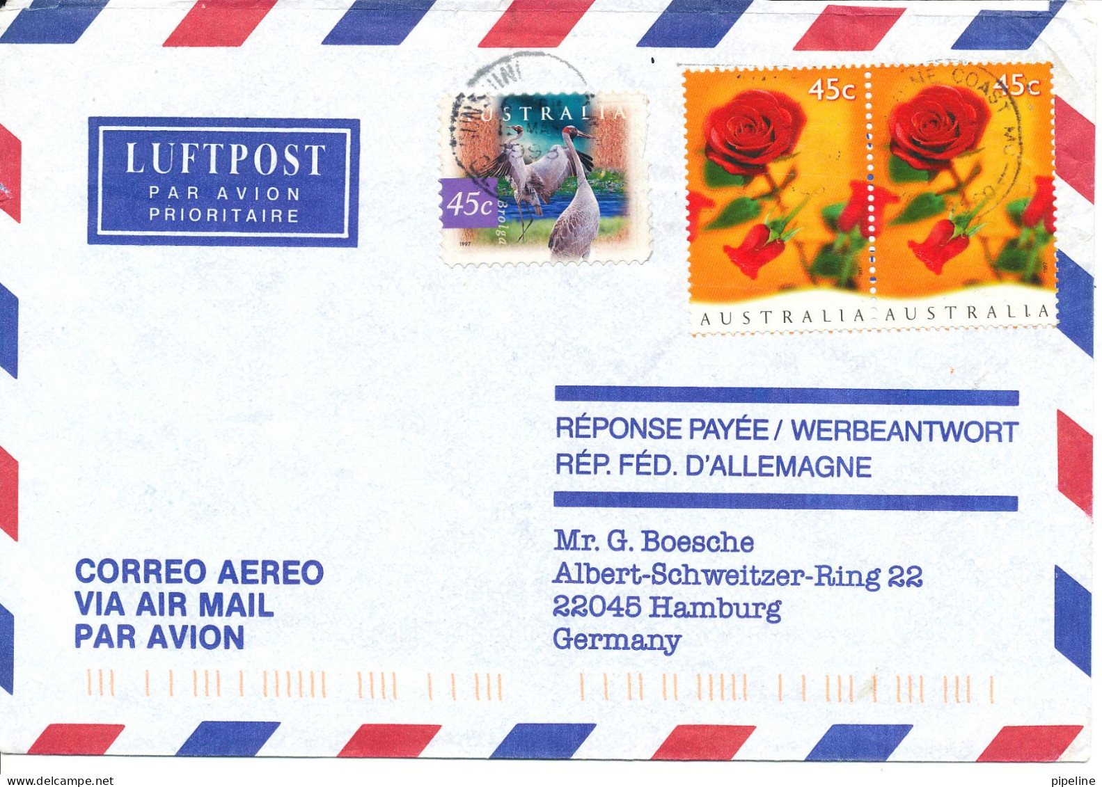 Australia Air Mail Cover Sent To Germany 1998 BIRD And ROSES - Cartas & Documentos