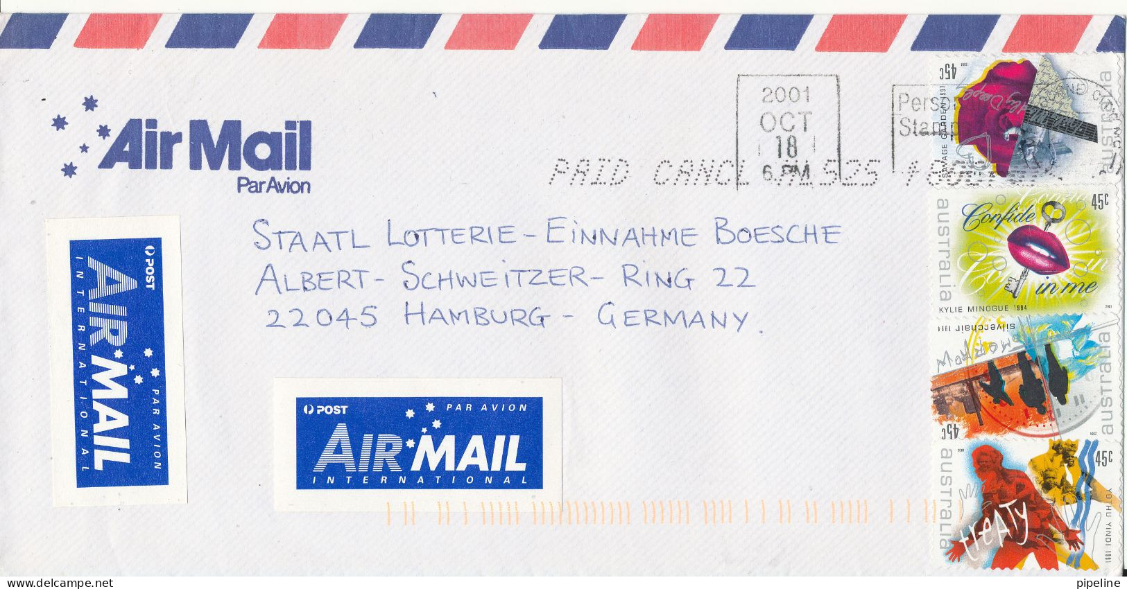 Australia Air Mail Cover Sent To Germany 18-10-2001 - Covers & Documents