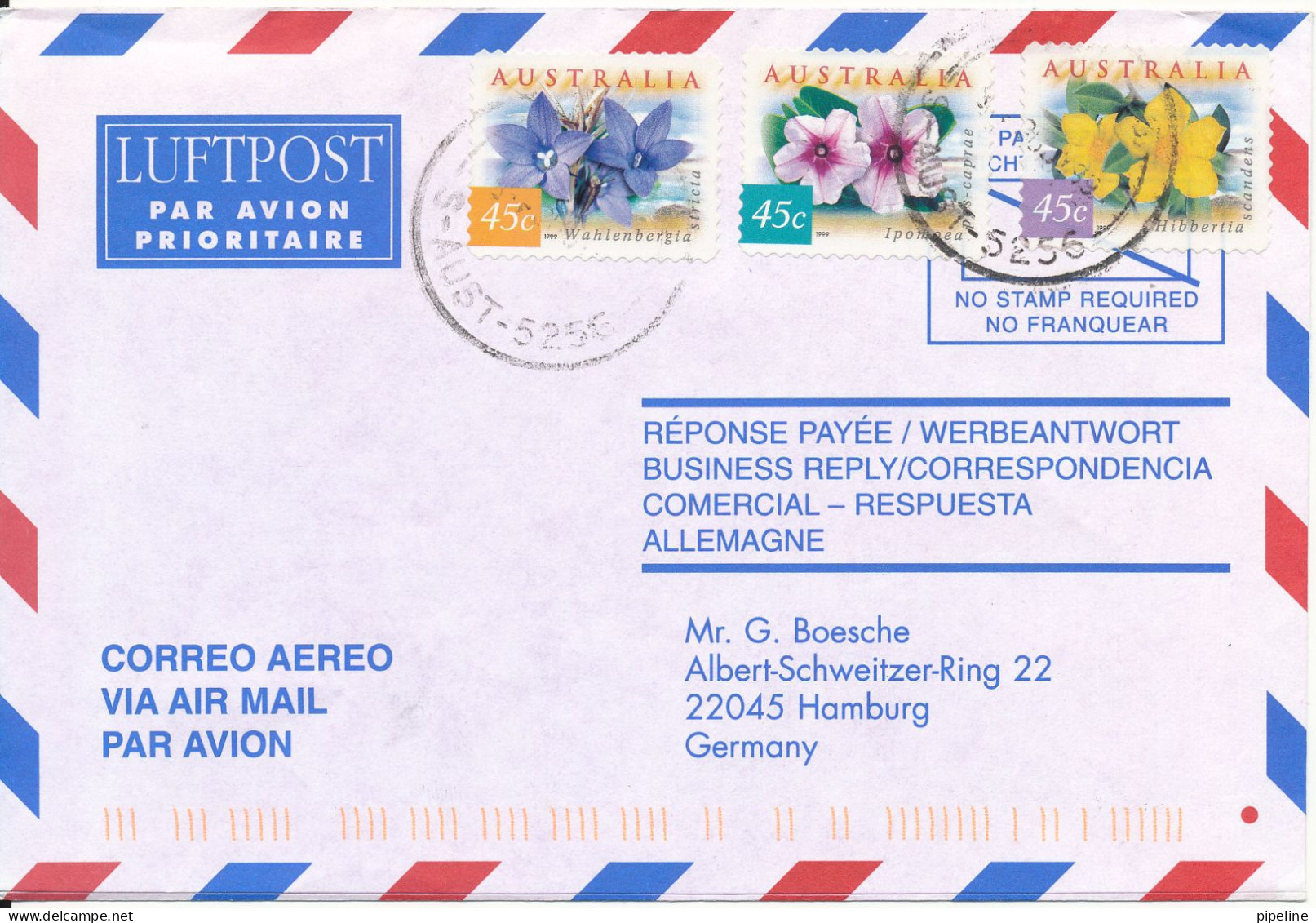 Australia Air Mail Cover Sent To Germany 1999 FLOWERS - Brieven En Documenten