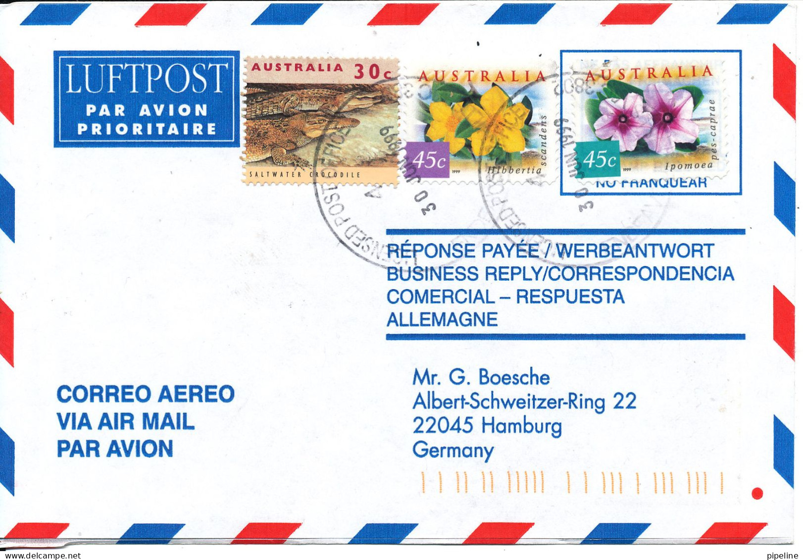 Australia Air Mail Cover Sent To Germany 30-6-1999 FLOWERS - Lettres & Documents