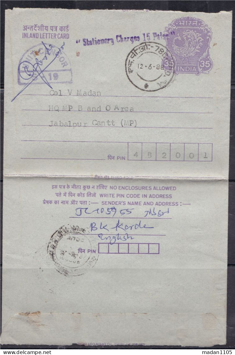 INDIA, 1988, Indian Peace Keeping Force, SRI LANKA, Letter Card ,Violet Peacock  With Censor S-19 - Cartas & Documentos