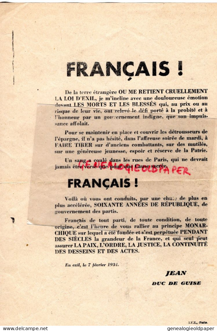 45- JEAN D' ORLEANS - JEAN DUC DE GUISE- RARE DOCUMENT EN EXIL LE 7 FEVRIER 1934- DU SANG DANS LES RUES DE PARIS - Historical Documents