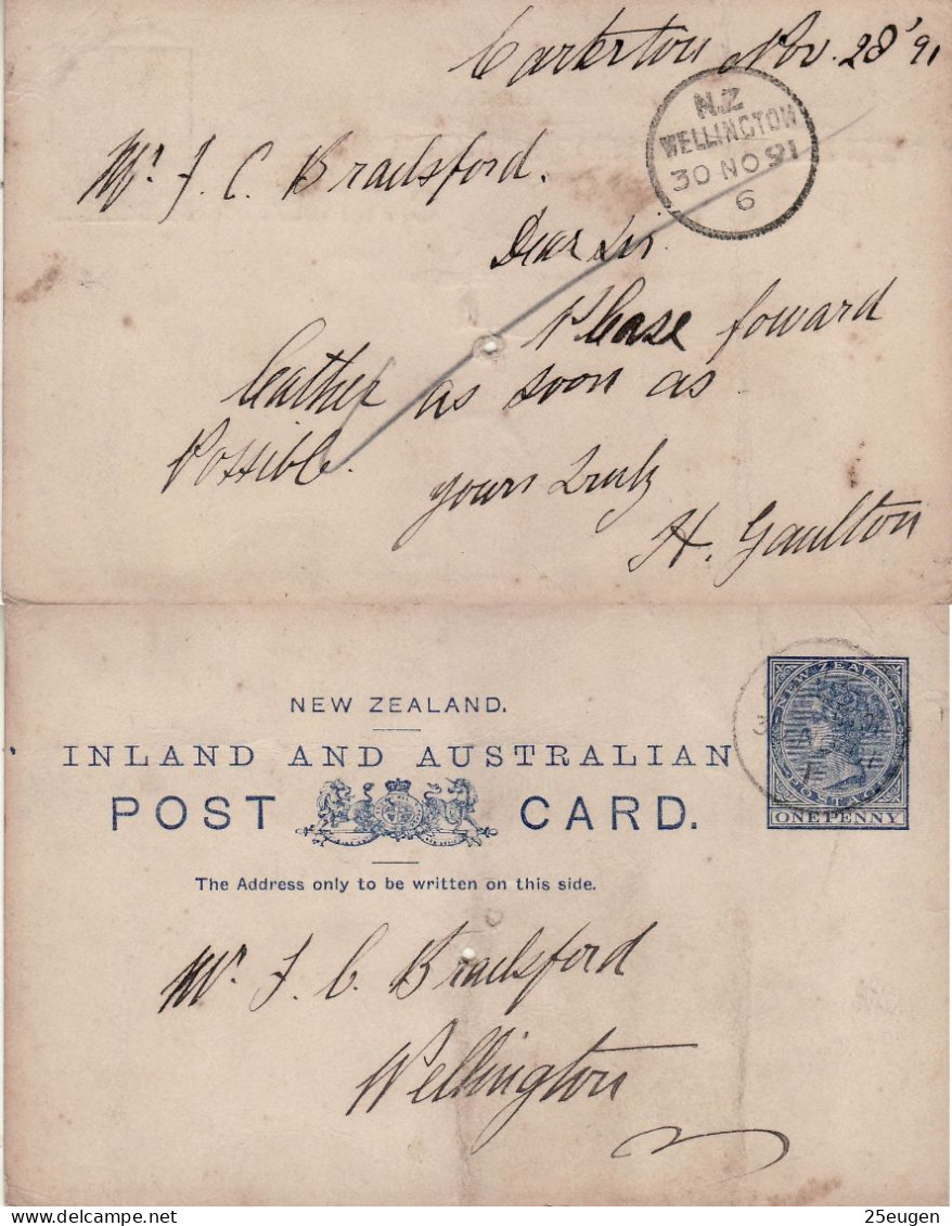 NEW ZEALAND 1891 POSTCARD SENT FROM WELLINGTON - Brieven En Documenten