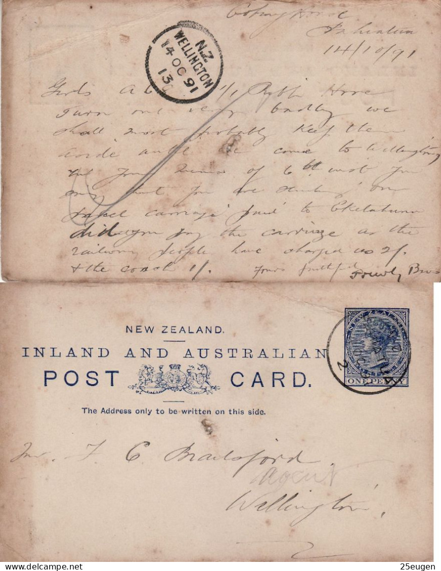 NEW ZEALAND 1891 POSTCARD SENT FROM WELLINGTON - Lettres & Documents