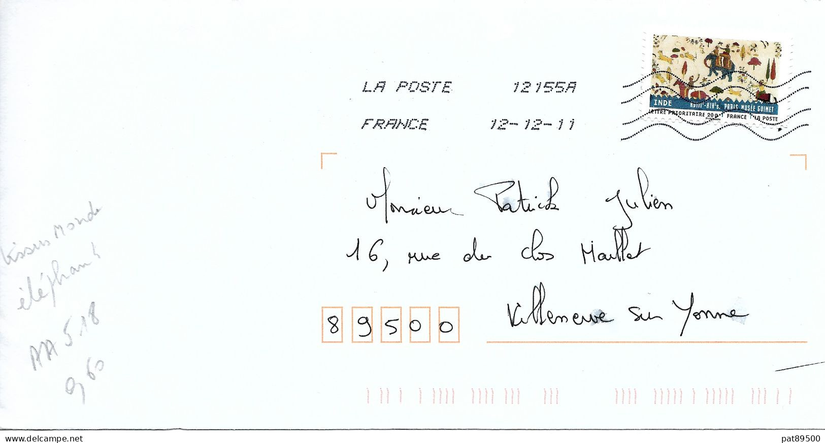 France 2011 AA 518 TISSUS Du Monde : Tissu Indien >> ELEPHANT ~Guimet Paris   / Obl. 12/2011 Sur Enveloppe Entière / - Briefe U. Dokumente