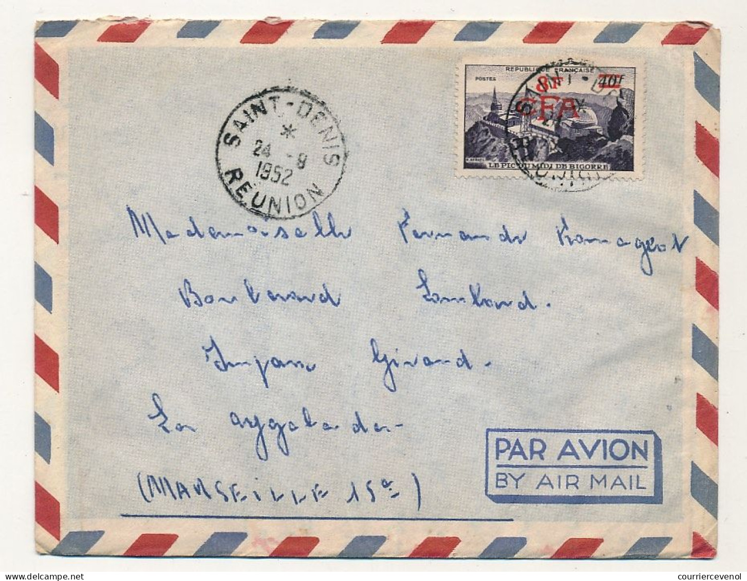 REUNION - Env. Affr 8F CFA Pic Du Midi - Cad Saint-Denis (Réunion) - 24/9/1952 - Covers & Documents