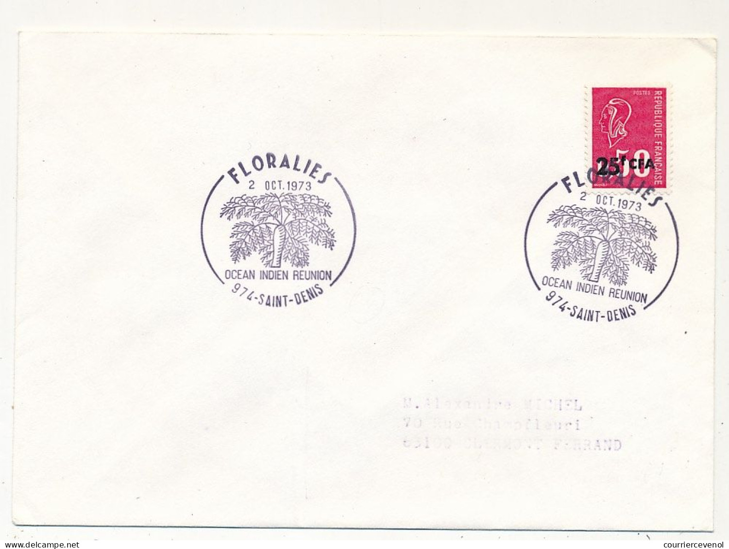 REUNION - Env. Affr 25F CFA Bequet - Obl Temporaire FLORALIES - 2/10/1973 - Saint Denis - Cartas & Documentos