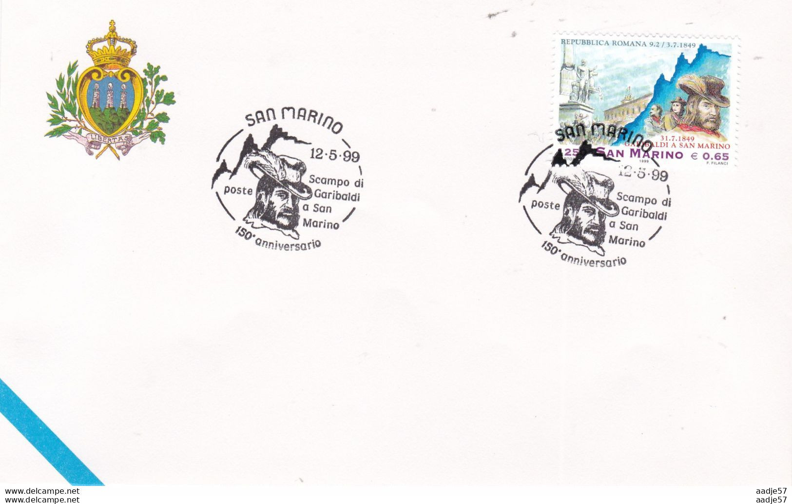 San Marino. 150e Ann Scampo Di Garibaldi A San Marino Spec Canc 12-05-1999 - Lettres & Documents