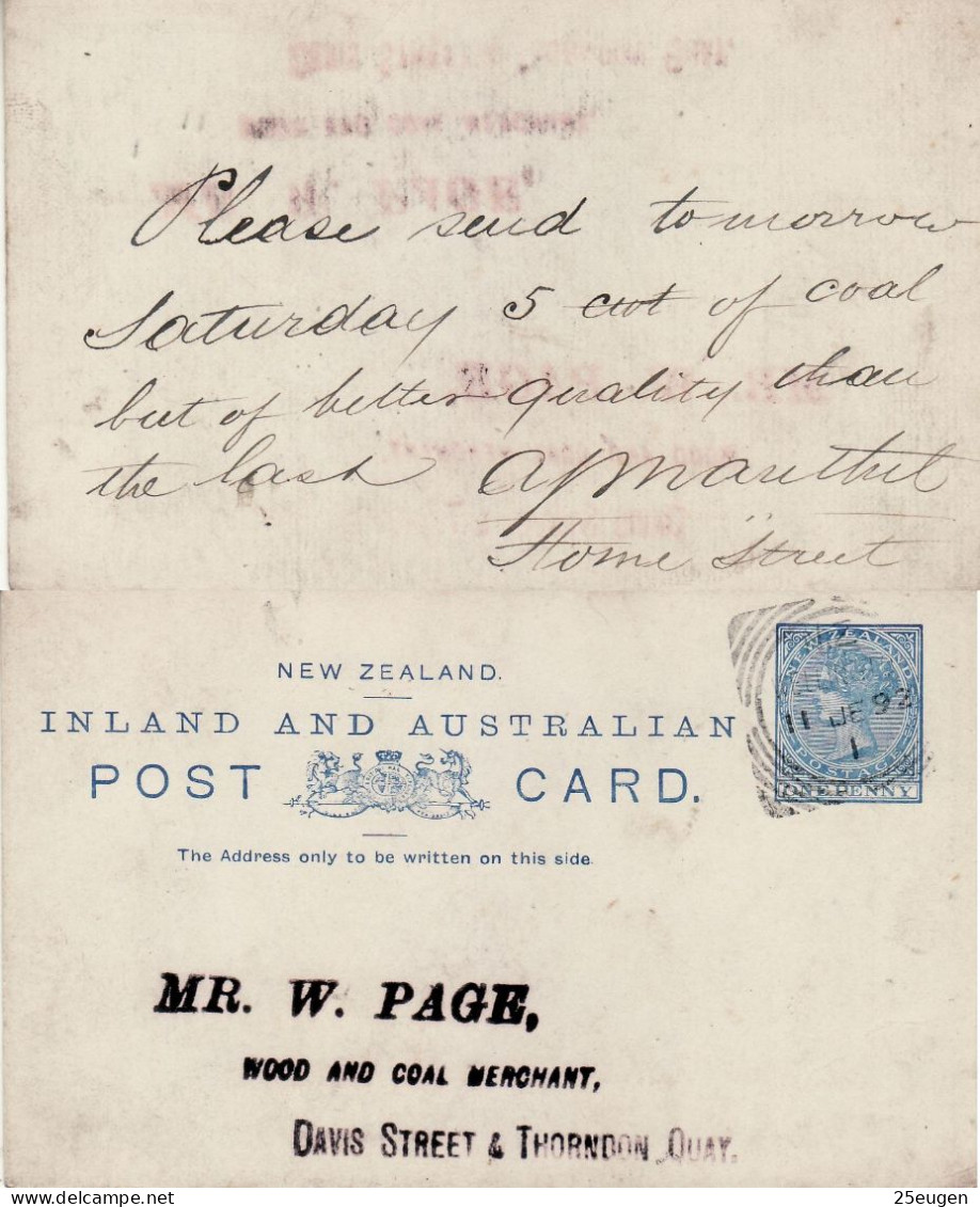 NEW ZEALAND 1892 POSTCARD SENT FROM WELLINGTON - Cartas & Documentos