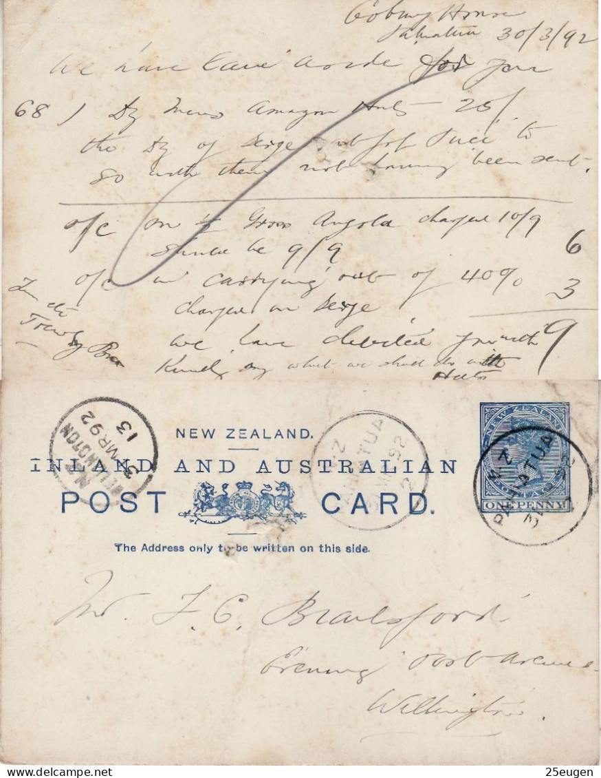 NEW ZEALAND 1892 POSTCARD SENT FROM WELLINGTON - Covers & Documents