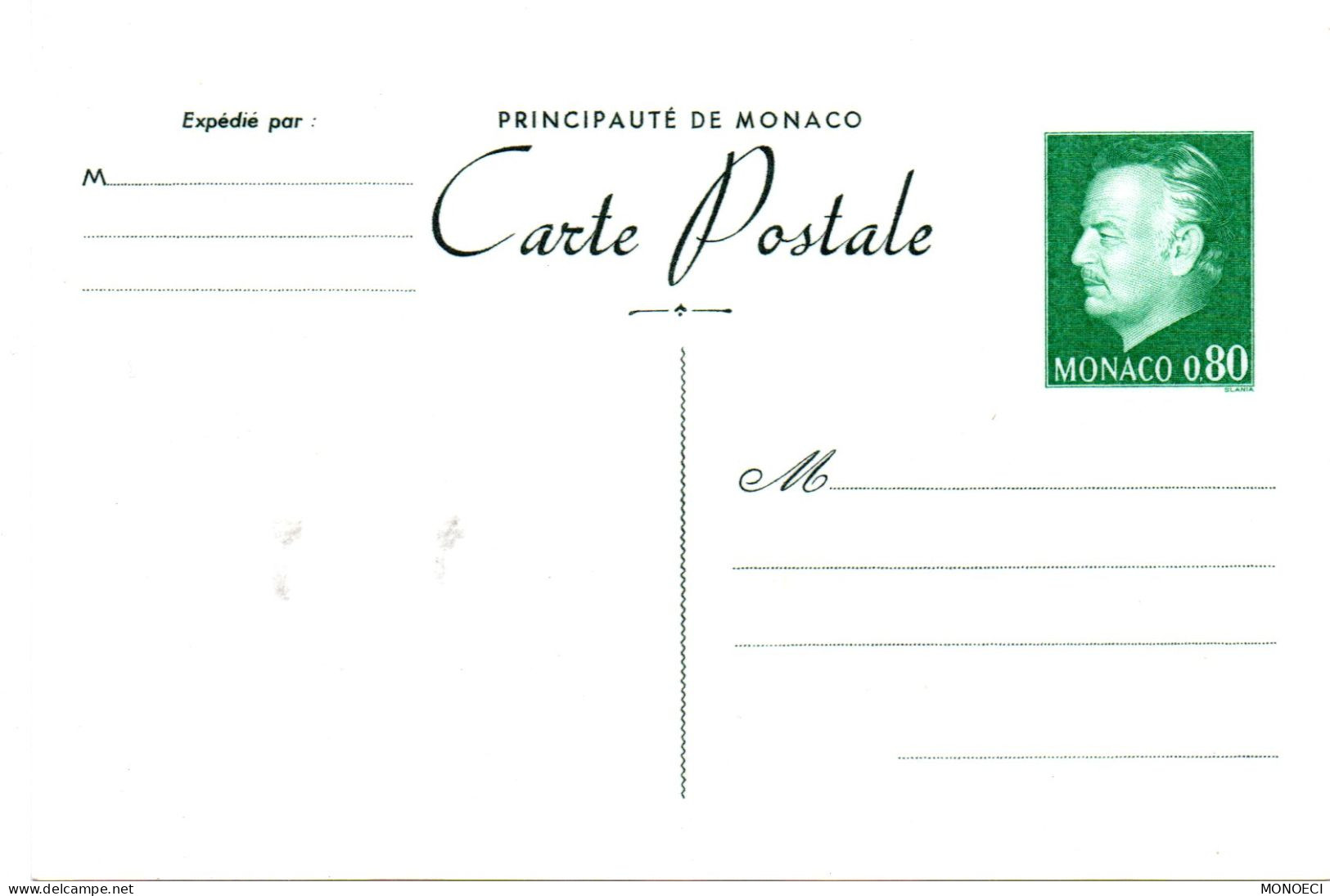 MONACO -- MONTE CARLO -- Entier Postal -- Carte Postale -- 0,80 Vert-bleu Sur Blanc Prince Rainier III - Entiers Postaux