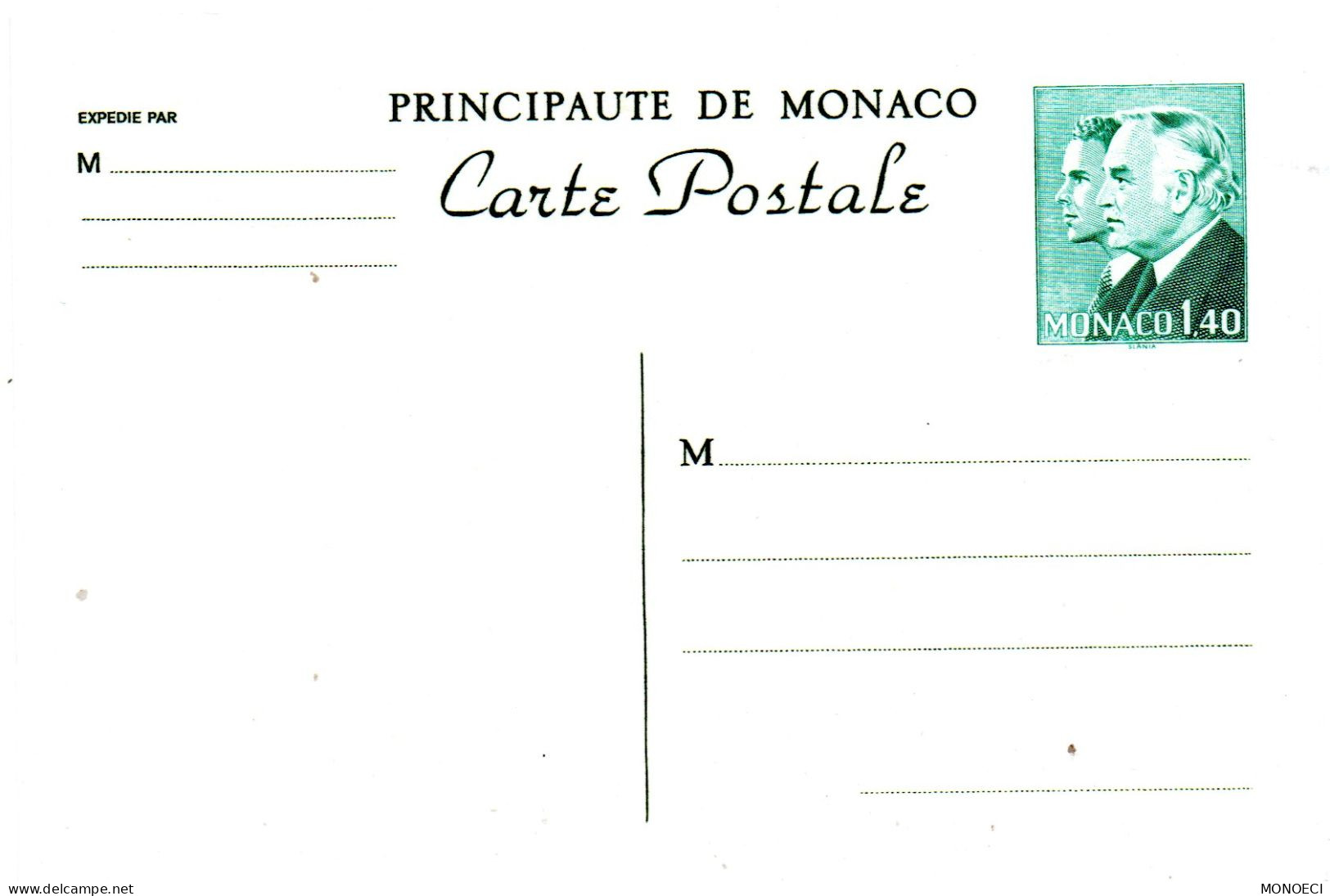 MONACO -- MONTE CARLO -- Entier Postal -- Carte Postale -- 1 F. 40 Vert Sur Blanc Prince Rainier III - Entiers Postaux