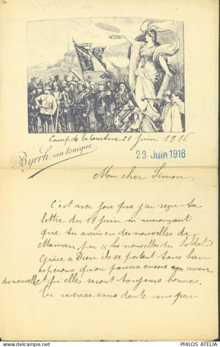 Guerre 14 Papier à Lettre Illustrée Byrrh Vin Allégorie Victoire Présentant Lauriers Aux Soldats Camp De La Courtine - Guerre De 1914-18