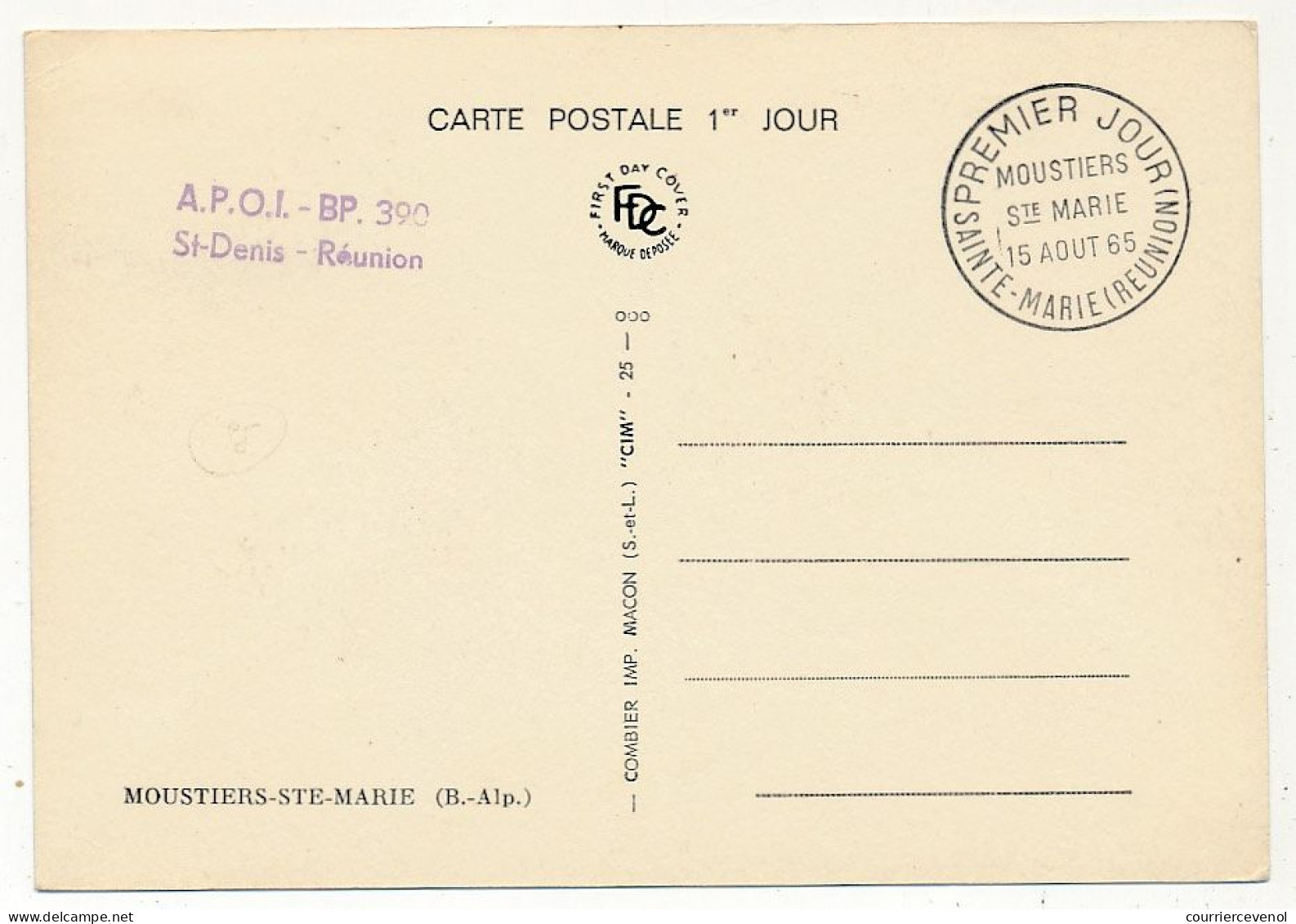 REUNION - Carte Maximum - 25F Moustiers Ste Marie - Premier Jour - Sainte Marie (Réunion) 15/8/1965 - Covers & Documents