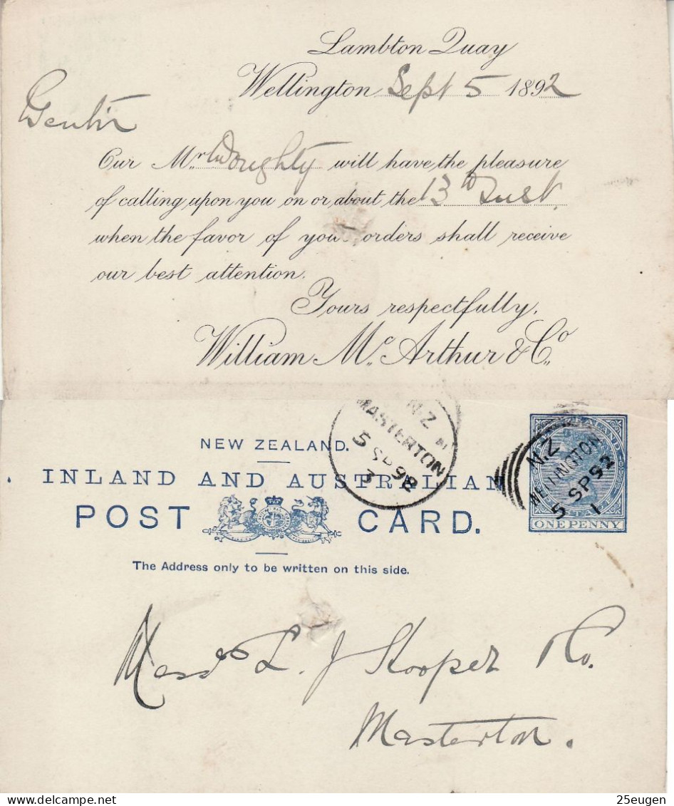 NEW ZEALAND 1892 POSTCARD SENT FROM WELLINGTON - Lettres & Documents