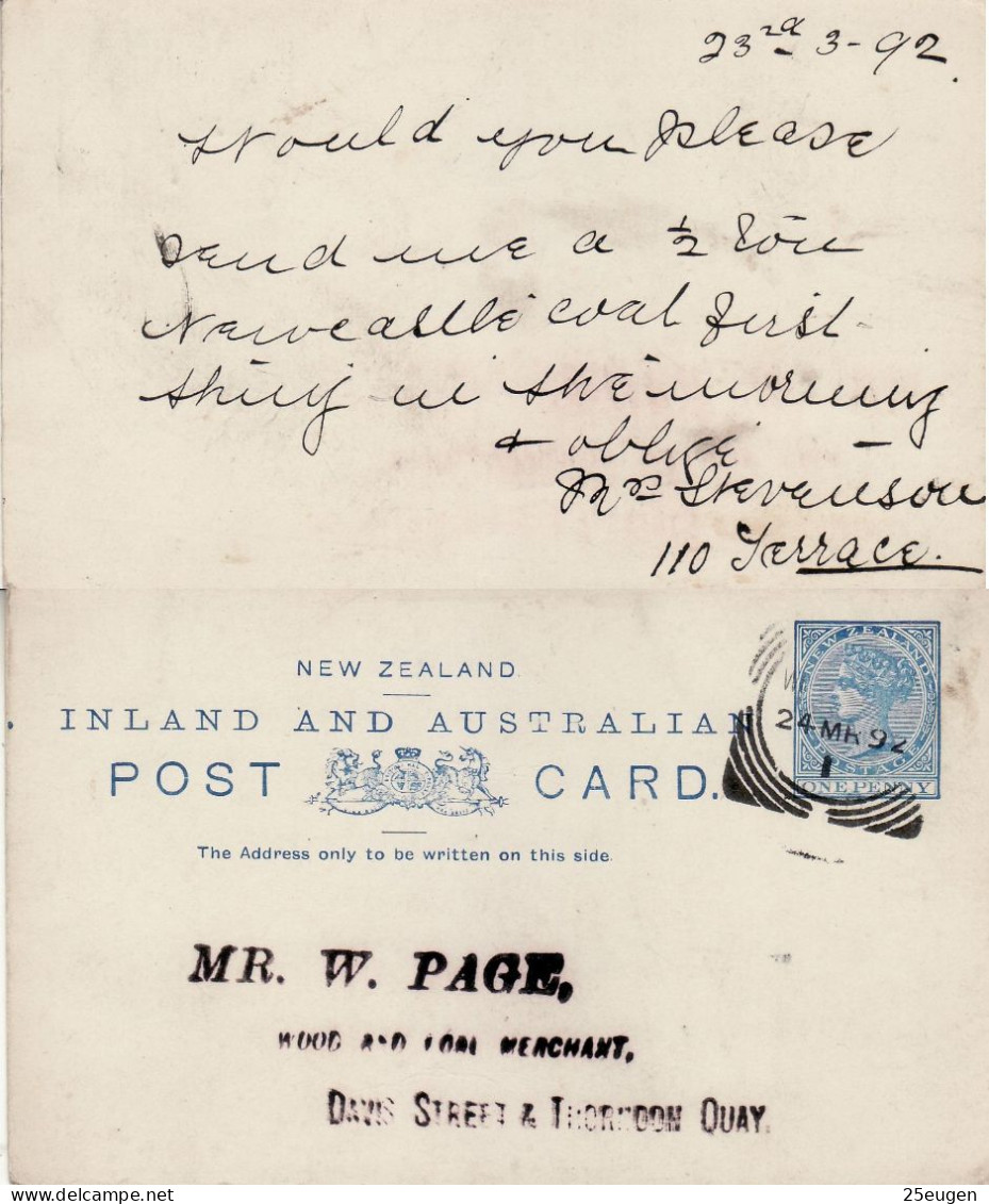 NEW ZEALAND 1892 POSTCARD SENT FROM WELLINGTON - Cartas & Documentos