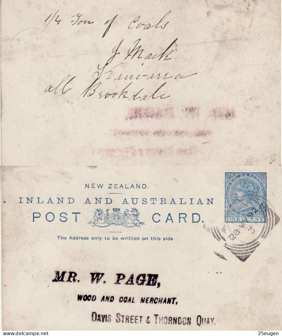 NEW ZEALAND 1892 POSTCARD SENT FROM WELLINGTON - Cartas & Documentos