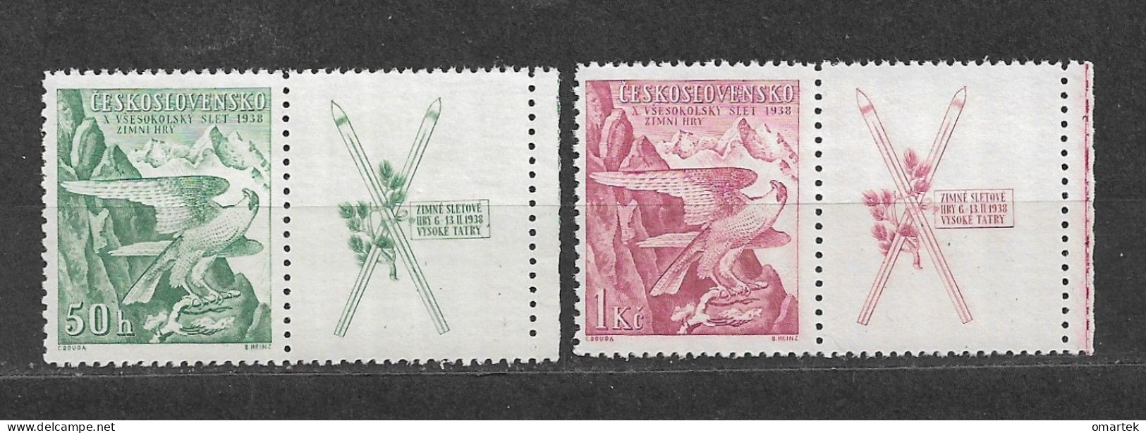 Czechoslovakia 1938 MNH ** Mi 387-388 Zf R Sc 241-242 Falcon. Sokol Games. Coupons Tschechoslowakei C4 - Nuovi