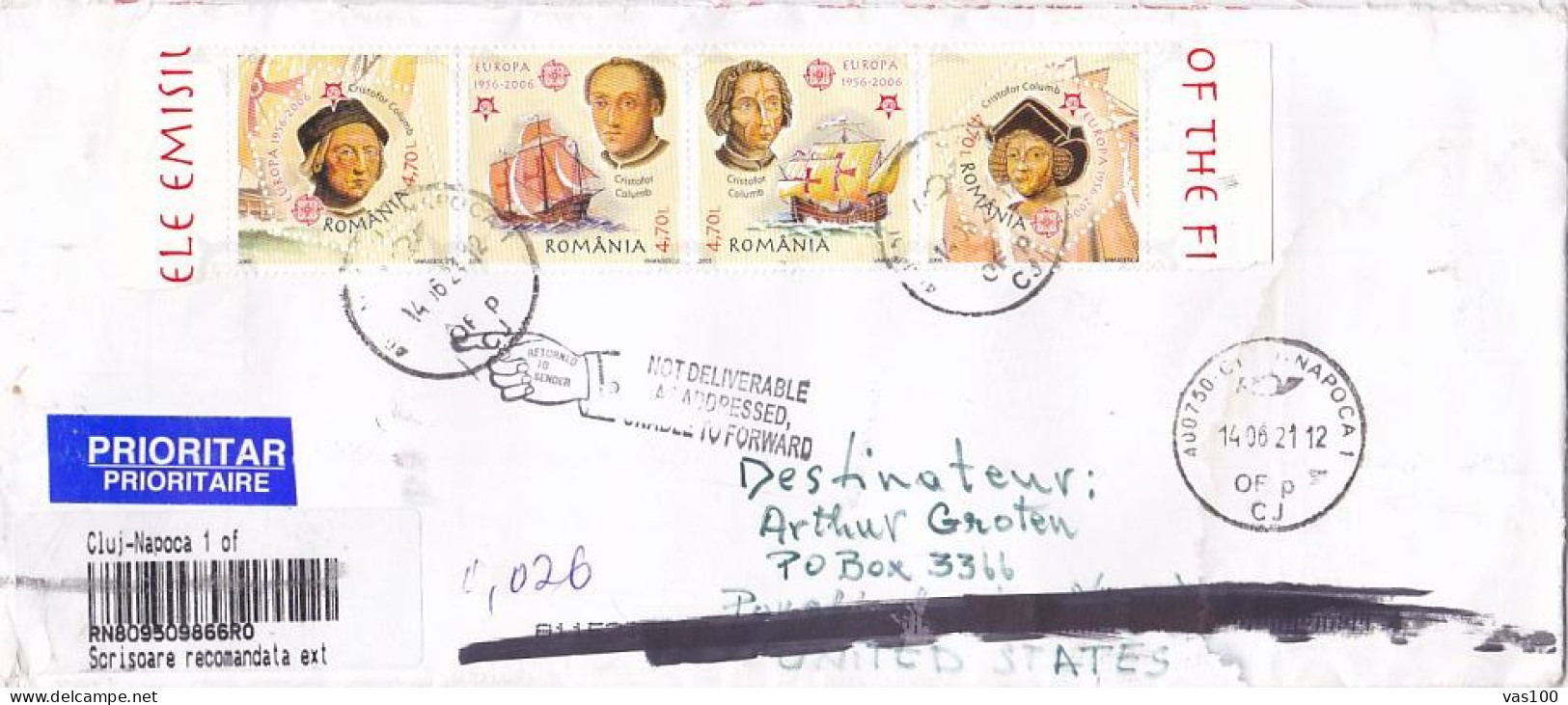 CHRISTOPHER COLUMBUS, DISCOVERY OF AMERICA, PLANE, STAMPS ON REGISTERED COVER, 2021, ROMANIA - Briefe U. Dokumente