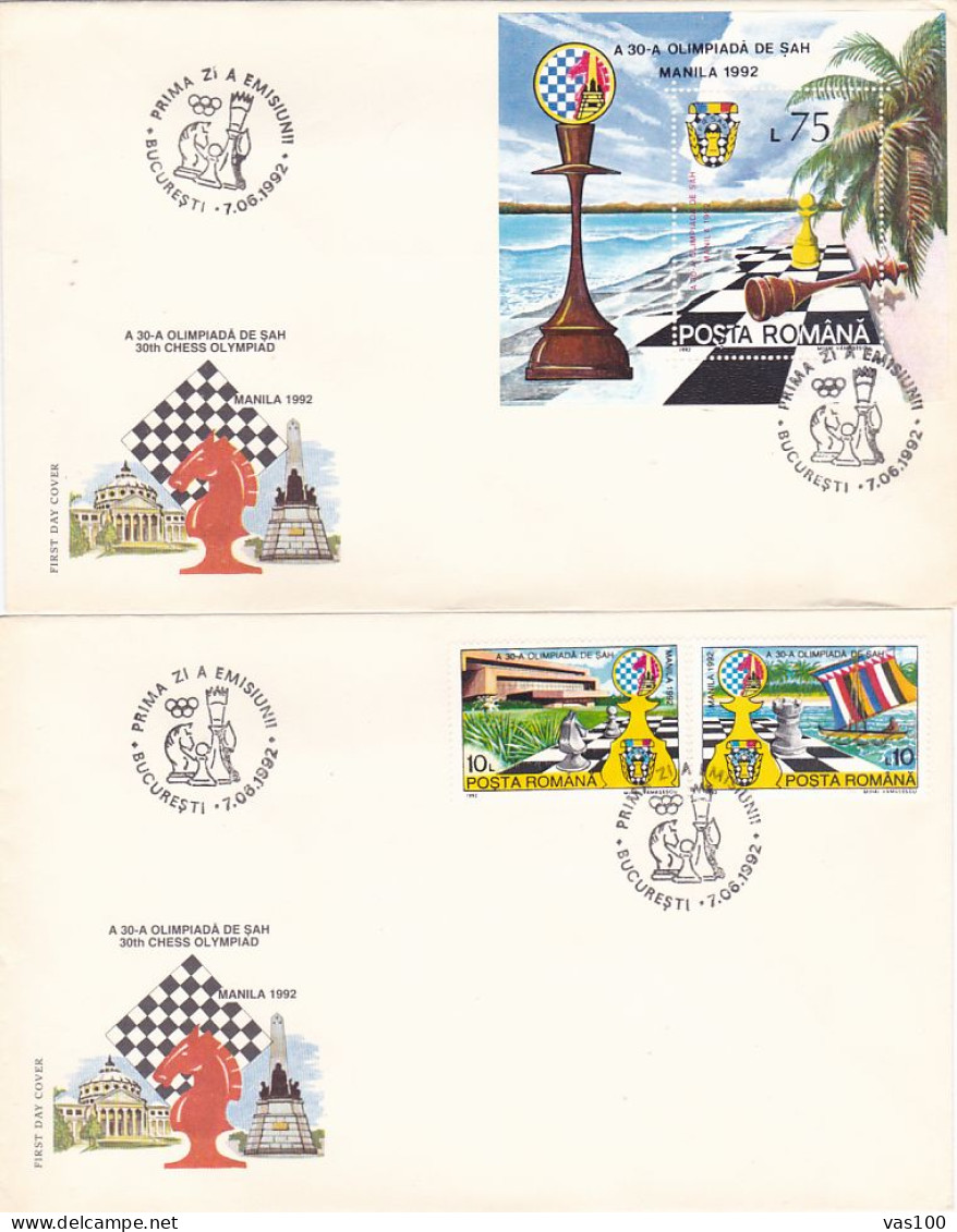 GAMES, CHESS, ECHECS, MANILA OLYMPIAD, COVER FDC, 2X, 1992, ROMANIA - Echecs