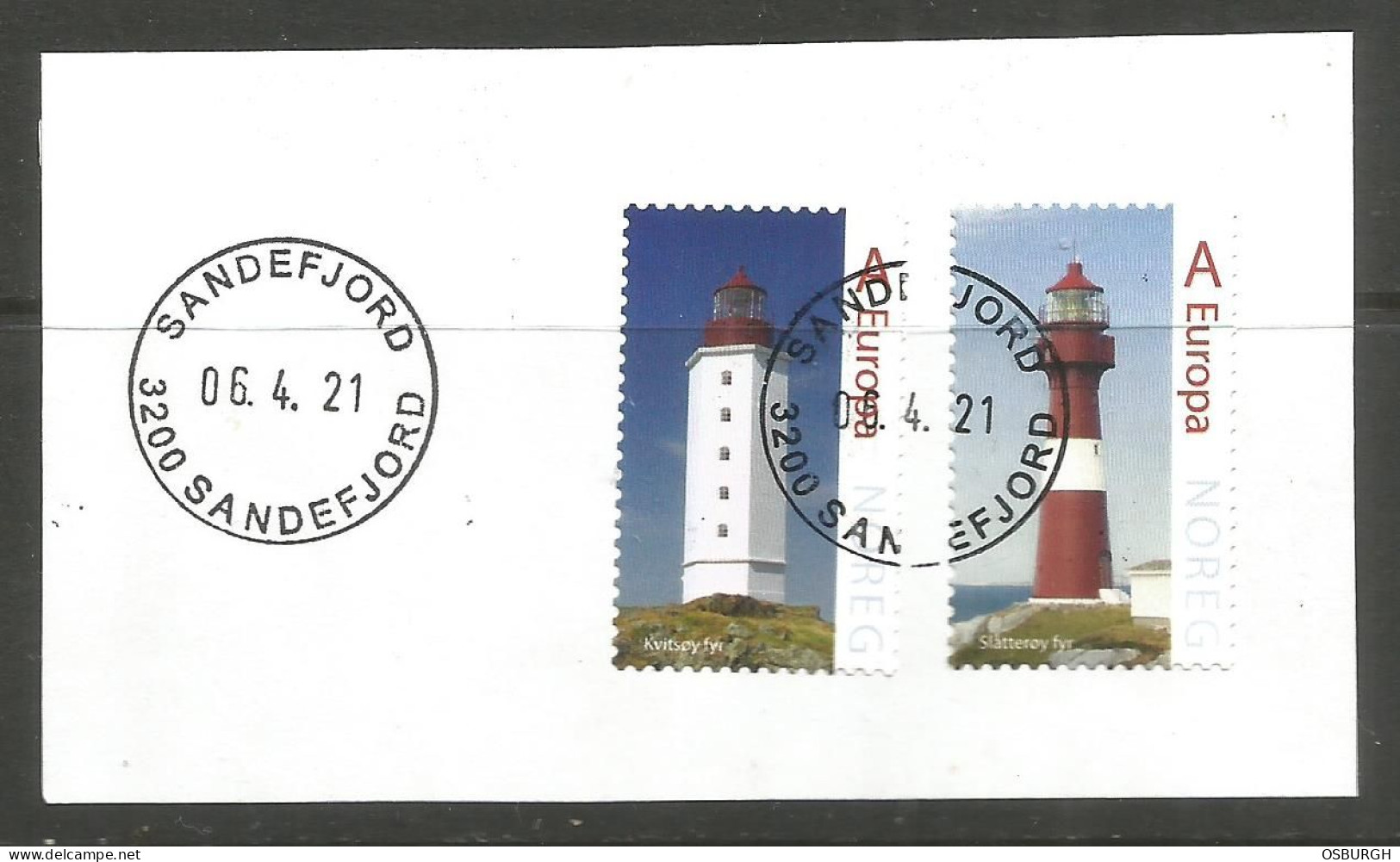 NORWAY. 2021. LIGHT HOUSES USED ON PIECE. SANDEFJORD POSTMARK. - Gebraucht