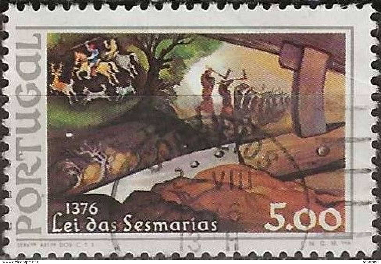 PORTUGAL 1976 600th Anniversary Of Law Of Sesmarias (uncultivated Land) - 5e. - Plough And Farmers Repelling Hunters FU - Gebraucht