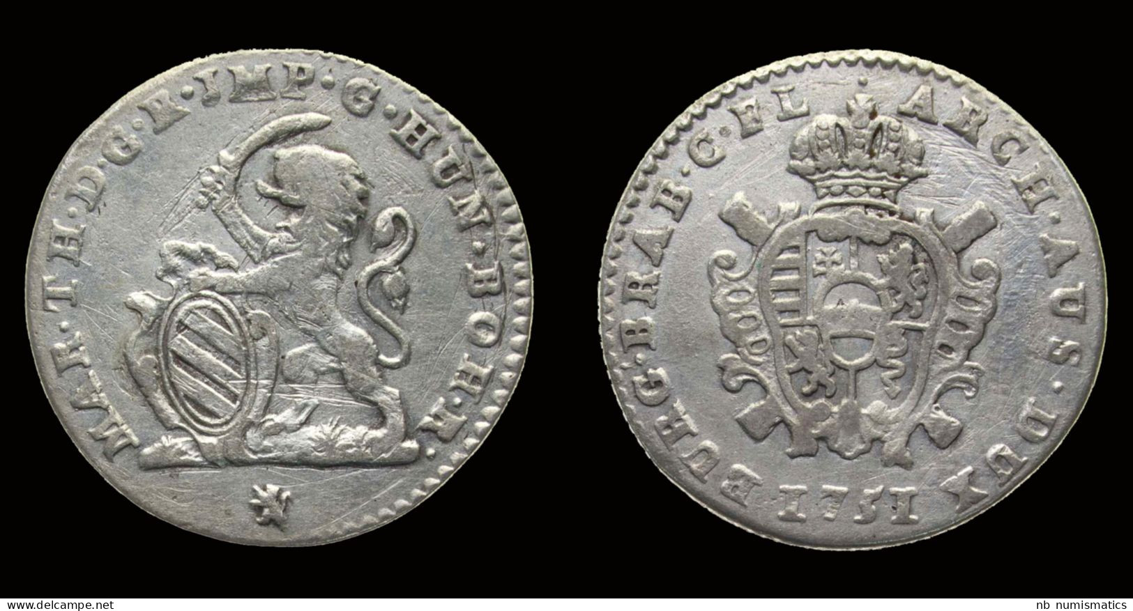 Austrian Netherlands Brabant Maria-Theresia Double Schelling ( 2 Escalin) 1751 Brugge Mint - 1714-1794 Paesi Bassi Austriaci