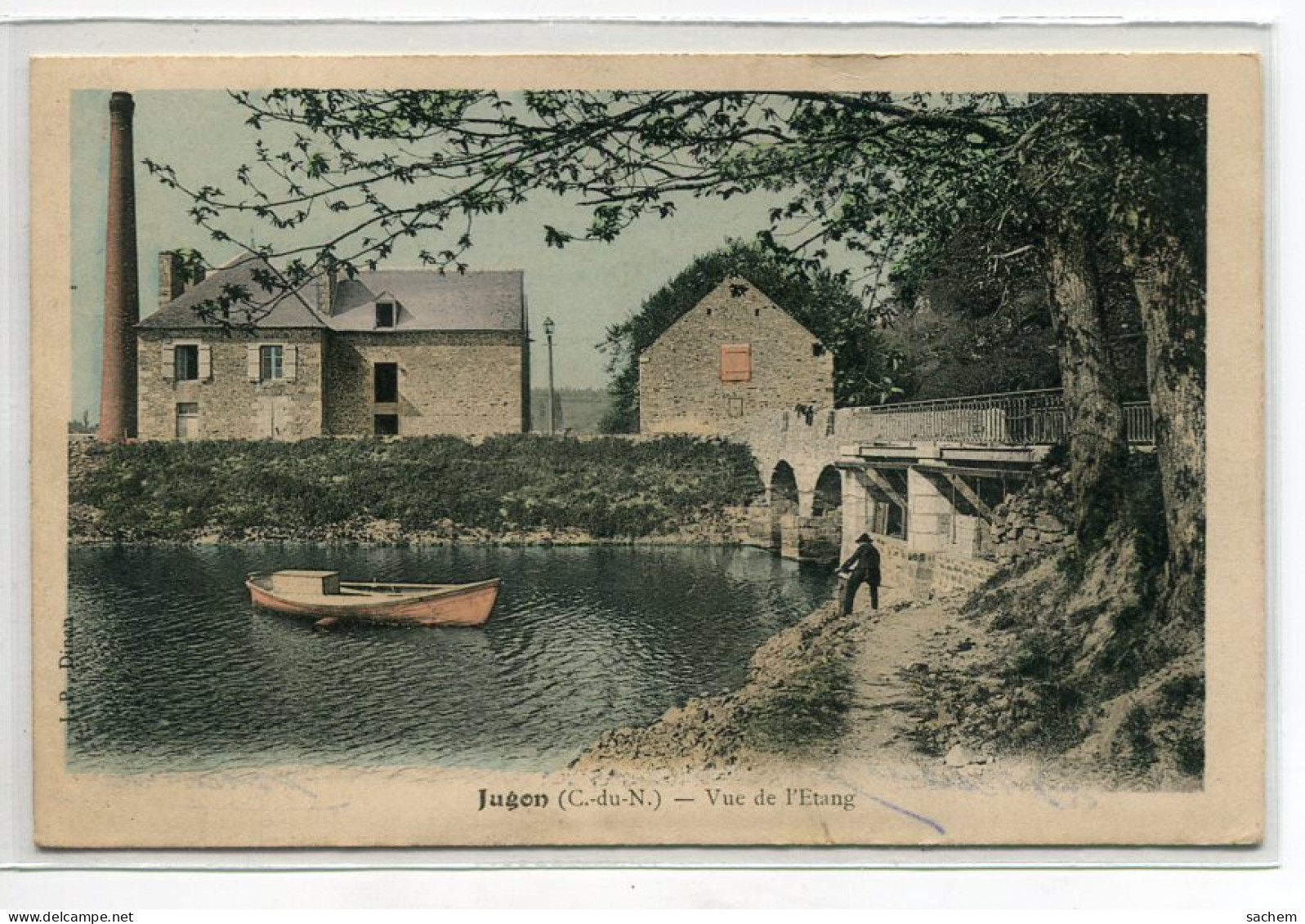 22 JUGON Les LACS Homme Tirant Sa Barque Vue Etang Cheminée Usine Couleur 1905 écrite Timbrée  D02 2020  - Jugon-les-Lacs