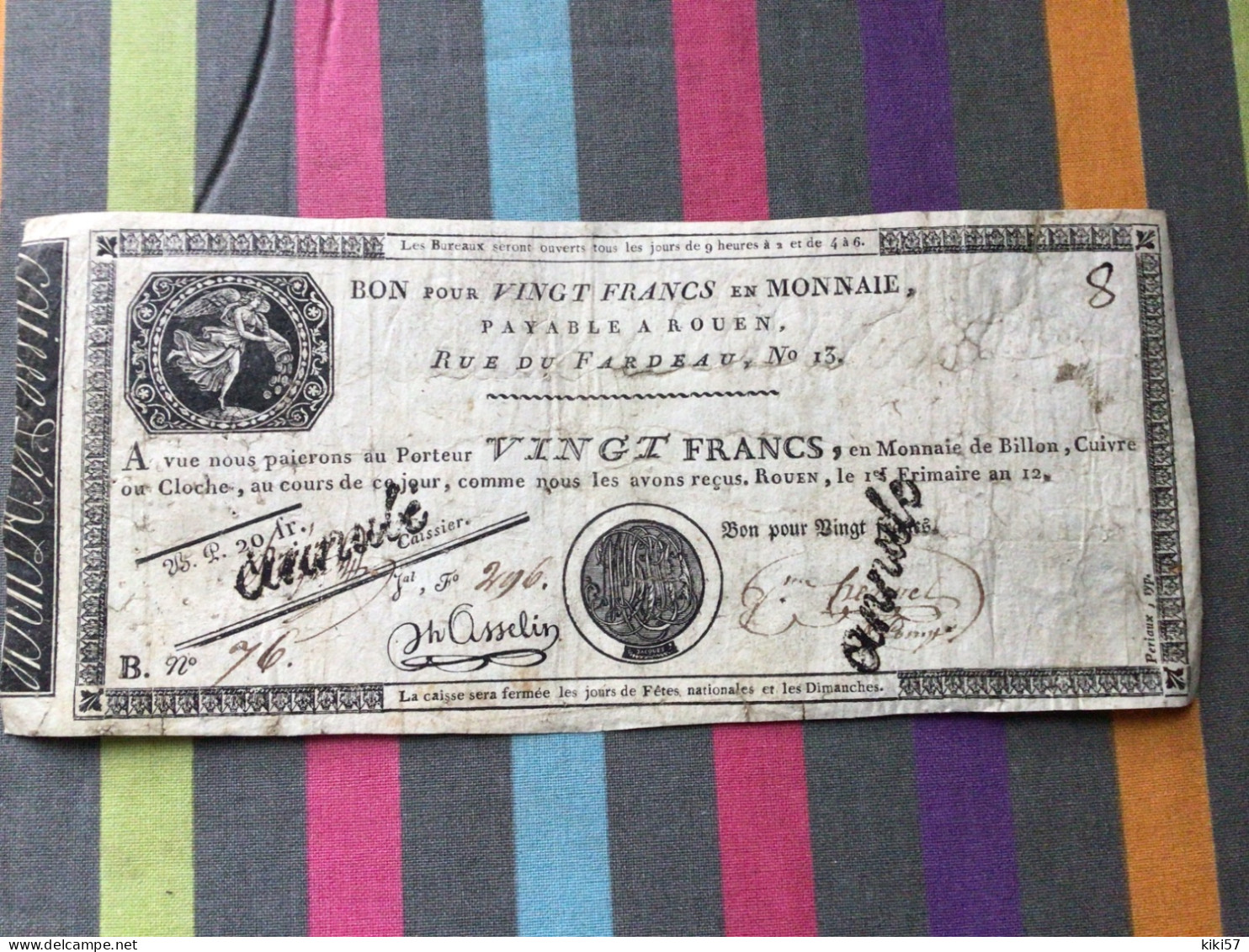 FRANCE Bon Pour Vingt Francs En Monnaie ANNULÉ - Assignats & Mandats Territoriaux