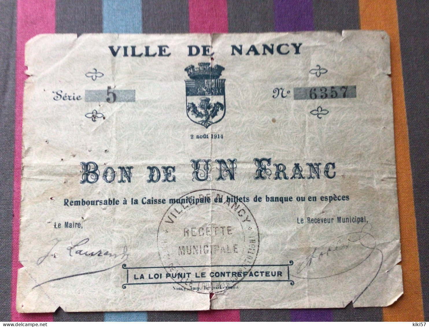 FRANCE Bon Pour Un Franc NANCY - Bons & Nécessité