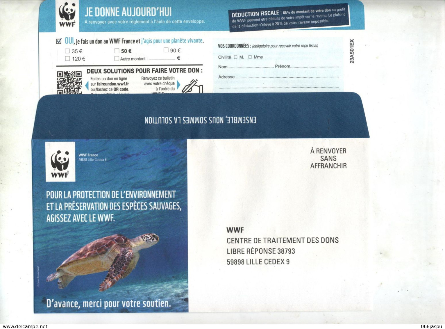 Enveloppe Reponse T WWF  Theme Tortue - Cartes/Enveloppes Réponse T