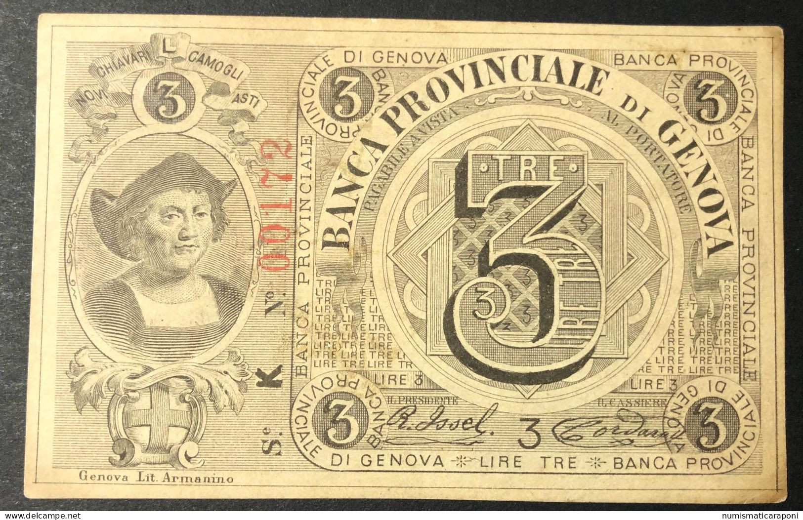 Banca Provinciale Di Genova 3 Lire 1872  Biglietto Fiduciario Lotto.1291 - Andere & Zonder Classificatie