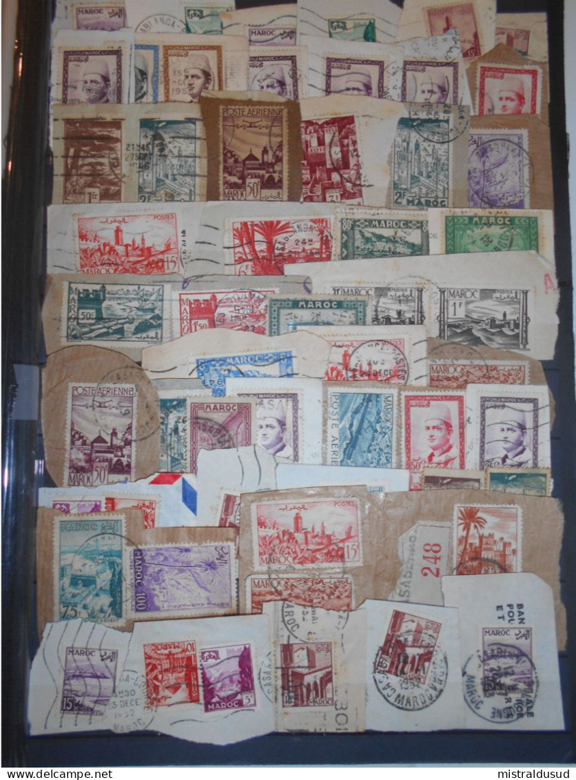 France Ex Colonies Maroc , Lot De 55 Timbres Obliteres Sur Fragment - Used Stamps