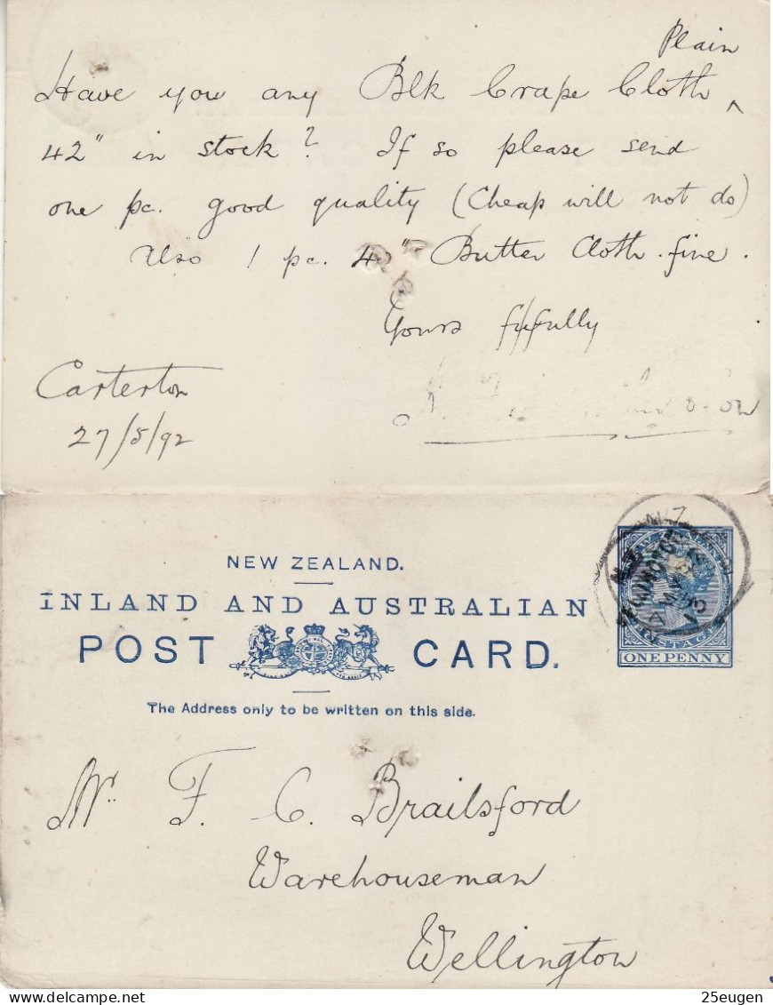 NEW ZEALAND 1892 POSTCARD SENT FROM WELLINGTON - Covers & Documents